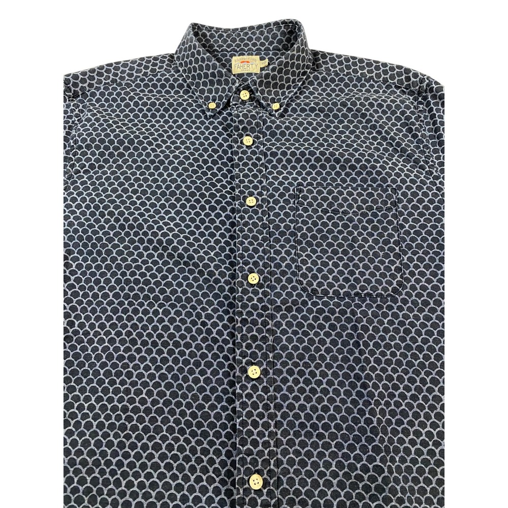 Faherty Mens Indigo Scale Print Organic Cotton Short Sleeve Button Down Shirt M